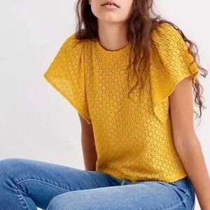Madewell Texture & Thread Eyelet Flutter Sleeve Mystic Yellow Cotton Top Sz S
